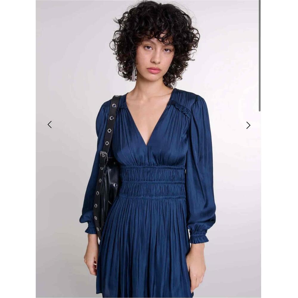 Maje Rianne Navy Satin Mini Dress Ruffled V Neck Long Sleeve Size 36 US 4 - Picture 2 of 9